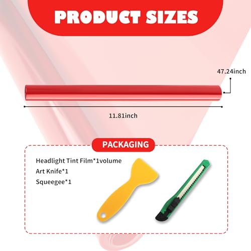 12×47 Inch Car Headlight Tint Film,Self-Adhesive Tail Light Tint Film Kit with Squeegee & Cutter,Universal Taillight Tints Films Automotive Exterior Accessories for Car Fog (Red) - color: Red