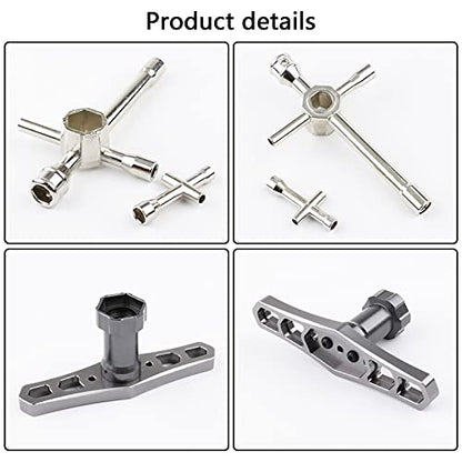 4pcs Mini 4-Way & 6-Way Cross Sleeve Wrenches & Aluminum Hex Nut Driver Bolts Tool Kit 5.5mm 7mm 8mm 10mm 12mm 17mm for 1/8 1/10 RC Car Remote Control Boat Helicopter Drone Robot