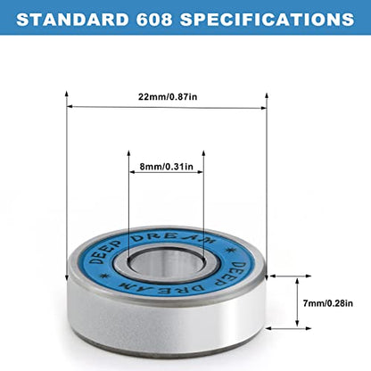 Premium 20Pcs 608rs Bearings Skateboard Bearings Chrome Steel Bearing Longboard Bearings (8x22x7mm) Double Rubber Sealed Deep Groove Bearing - size: 608-2rs-blue