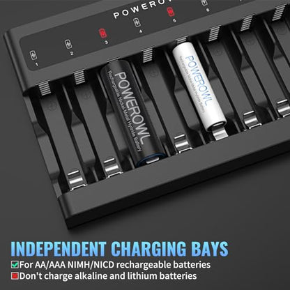 POWEROWL AA AAA Battery Charger 8 Bay, Independent Slot, USB Fast Charging for Ni-MH Ni-CD Rechargeable Batteries (Pack of 2) - size: Ultra-thin (Pack of 2)