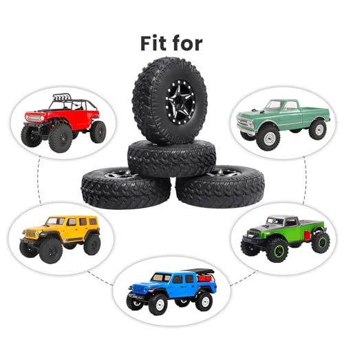 4PCS 1.0 Beadlock Wheel Rims Tires Set w/Locknuts and Wrench for 1/24 RC Crawler Car Axial SCX24 90081 AXI00001 AXI00002 Parts (Style 2)