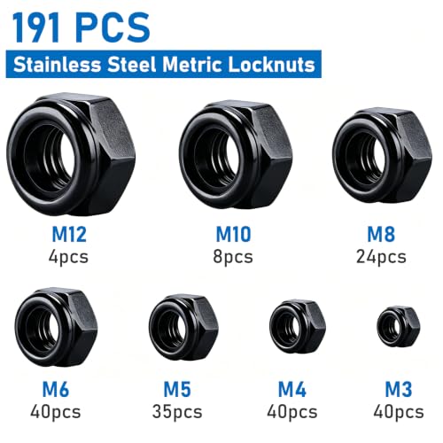 191 Pack Lock Nuts, Black 304 (A2-70) Nylon Insert Locknuts | M3 M4 M5 M6 M8 M10 M12 Lock Nuts, Stainless Steel Standard Inch Thread Nylock Nuts - color: Black, size: Metric