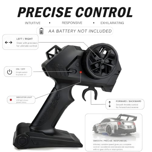 RC Drift Car, 1:24 Scale Remote Control Vehicle with LED Lights,Drifting Tires＆Two Batteries, Racing Sports Toy Idea Gift for Adults Boys Girls and Kids - color: Silver