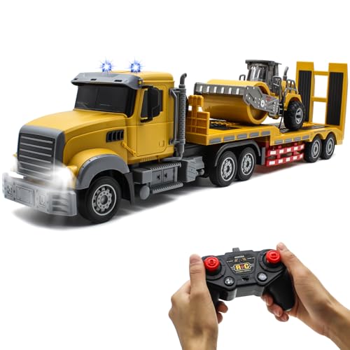 Fistone RC Semi Truck with Trailer, 1:24 RC Semi-Trailer Engineering Tractor with Sound and Lights, 2.4Ghz Remote Control Flatbed Truck with Road Roller Toys, Construction Vehicles Toy for Boys - style: Truck & Road Roller Toy