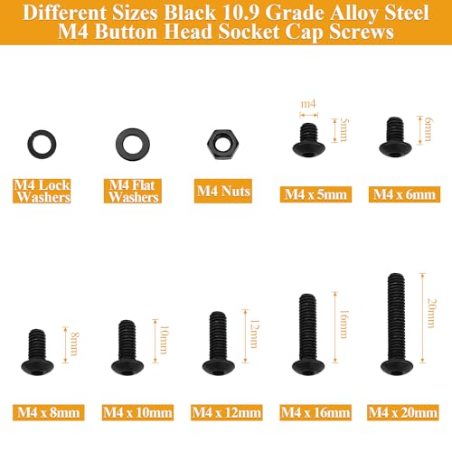 385 Pieces M4 Screws Nuts Washers Set Black, Sutemribor M4 x 5/6/8/10/12/16/20mm Button Head Socket Cap Screws Nuts Washers Assortment Kit, 10.9 Grade Alloy Steel, Fully Threaded - size: M4, style: Button Head Socket Cap