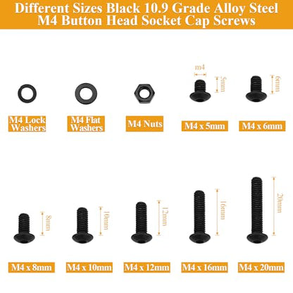 385 Pieces M4 Screws Nuts Washers Set Black, Sutemribor M4 x 5/6/8/10/12/16/20mm Button Head Socket Cap Screws Nuts Washers Assortment Kit, 10.9 Grade Alloy Steel, Fully Threaded - size: M4, style: Button Head Socket Cap