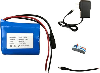 Seasider 12V 2600mAh Battery, Bare Leads Wire Replacement Battery with 12V Charger for 12 Volt Device RC Car, Robot, DIY, LED Light Strip