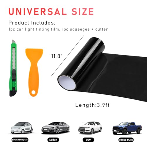 povtii Tint Vinyl Film Sticker Sheet Roll for Car Headlight, 12×48 Inch Auto Taillight Vinyl Wrap Film, Self Adhesive Fog Light Vinyl Film with Squeeze & Cutter, Car Accessories (Dark Black) - color: Dark Black