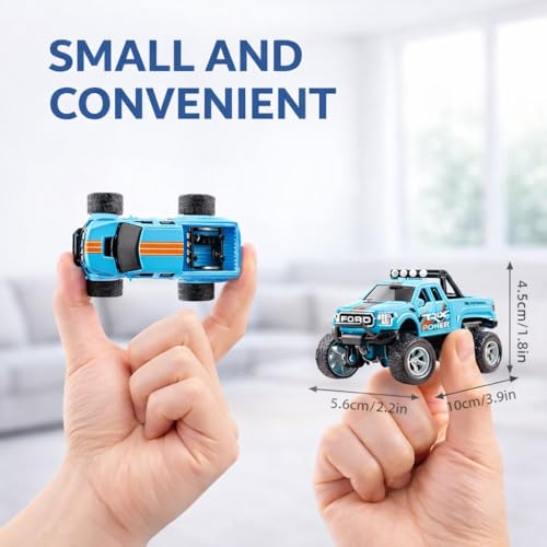 Mini RC Truck, 1/64 Scale Alloy Monster Truck Remote Control Car | 2.4GHz Control, LED Lights, 3-Speed Settings, Cruise Control,Adjustable Steering, Indoor Outdoor Toy for Kids Adults - color: Blue