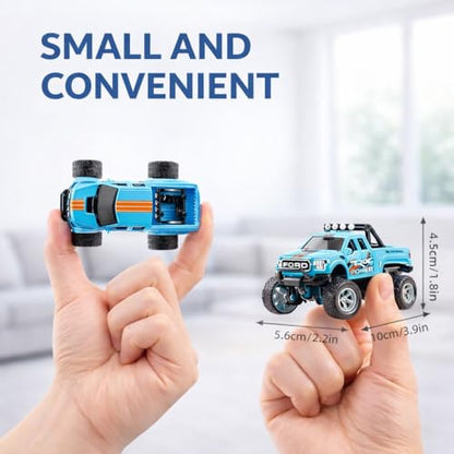 Mini RC Truck, 1/64 Scale Alloy Monster Truck Remote Control Car | 2.4GHz Control, LED Lights, 3-Speed Settings, Cruise Control,Adjustable Steering, Indoor Outdoor Toy for Kids Adults - color: Blue