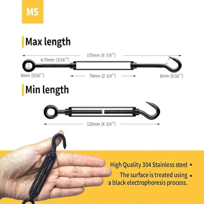 10 Pack Black Stainless Steel M6 Hook and Eye Turnbuckle, Heavy Duty Wire Rope Tensioner, Adjustable Hardware Kit for DIY String Light and Picture Hanging, Shade Sail, Cable Tightening - color: Hook and Eye, size: M6-10 Pcs