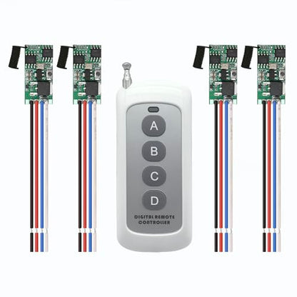 4 Channel Wireless Remote Switch DC12V Mini Wireless Switch | 5V/12V/24V 3A Relay Wireless Lights Switchs 164 Ft Long Distance for LED Lights, Small Motors - size: 4Way 3.6V-24V Mini Remote Switch