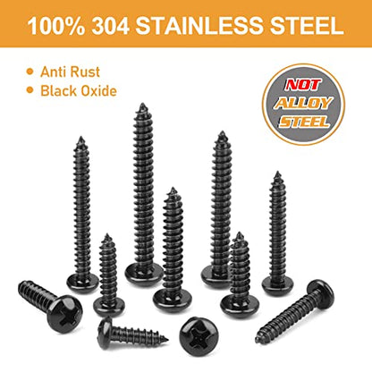 VIGRUE 260PCS #6#8 Black Wood Screw Assortment Kit, 304 Stainless Steel Pan Head Self Tapping Screws, Black Oxide - style: 260PCS #6#8Stainless Steel Black Pan Head
