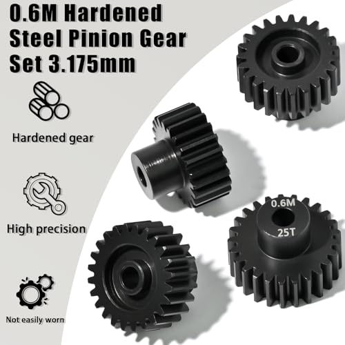 4Pcs 0.6M Hardened Steel Pinion Gear Set 3.175mm 22T 23T 24T 25T Motor Pinion Gear with M4 Screw and Hex Key, Fit 3.175mm (1/8-Inch) Shaft, for Arrma HPI Kyosho Losi Axial Traxxas Tamiya 1/10 RC Car - size: 0.6M-P-3.175mm-22-25T