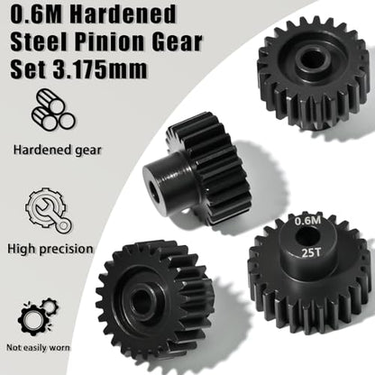 4Pcs 0.6M Hardened Steel Pinion Gear Set 3.175mm 22T 23T 24T 25T Motor Pinion Gear with M4 Screw and Hex Key, Fit 3.175mm (1/8-Inch) Shaft, for Arrma HPI Kyosho Losi Axial Traxxas Tamiya 1/10 RC Car - size: 0.6M-P-3.175mm-22-25T
