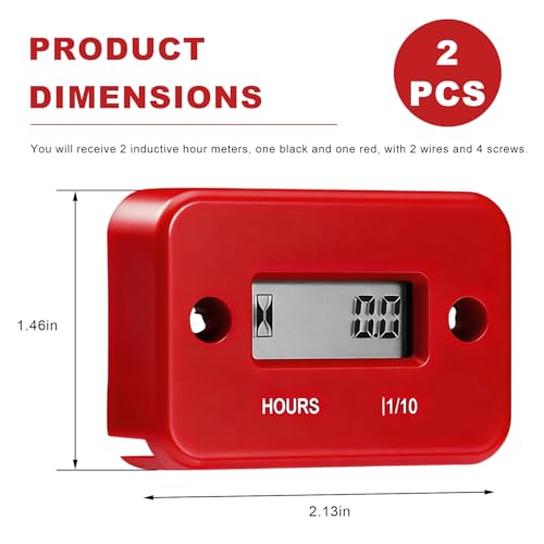 2 PCS Inductive Hour Meter, 3V Waterproof Gas Engine Tachometer Generator Hr Meters, Universal Small Engine Induction Hourmeter for Motorcycles ATVs Boats Dirt Bikes (Black+Red) - color: Black+Red