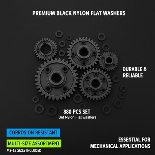 880 Pcs Nylon Flat Washer Assortment Kit | Black Insulating Spacers & Seals for Plumbing, Electrical & Machinery (M2 to M12), Organized in Storage Box