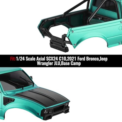Hard Pickup Body Shell with Bed Rack for 1/24 SCX24 RC Crawler | With dual interchangeable grilles, magnetic flip-up design easy maintenance - color: Greenish Black