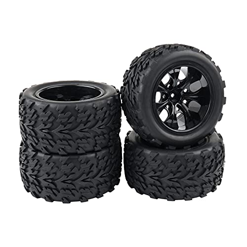 RC Monster Truck Car Wheels, Black, 4x 1:10 Scale | Rubber Tires, 7 Spokes Wheel Rim, RC Parts