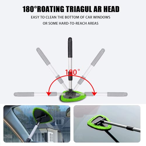 4 Pack Windshield Cleaning Tool with Extendable Handle, Green | aluminum ABS and microfiber body, pivoting head, reusable cloth pads, fits most vehicle glass, auto cleaning tools - color: Green