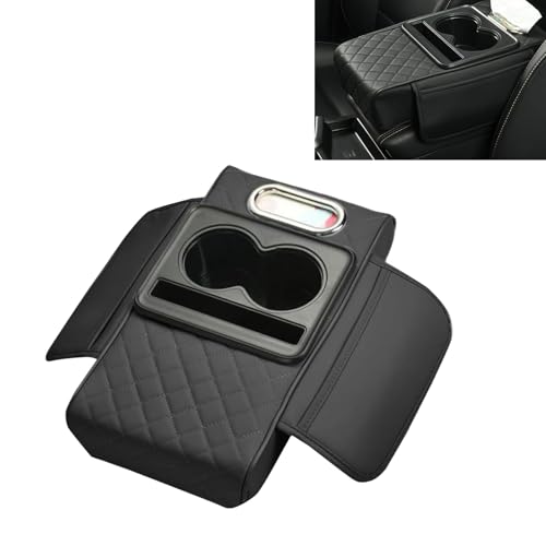 Car Arm Rest Cover Pad, Multi-Functional Center Armrest Box Height Increasing Pad with 2 Cup Holder, Tissue Box, Phone Storage Slot, 2 Storage Bags, Universal for Car Organizer (Black)