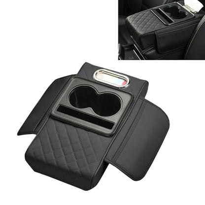 Car Arm Rest Cover Pad, Multi-Functional Center Armrest Box Height Increasing Pad with 2 Cup Holder, Tissue Box, Phone Storage Slot, 2 Storage Bags, Universal for Car Organizer (Black)