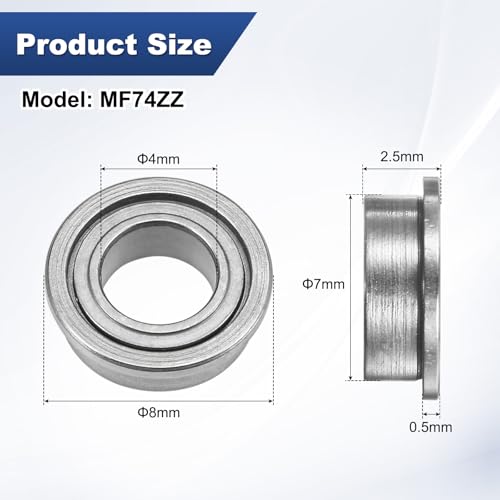 M METERXITY 20-Pack MF74ZZ Flanged Ball Bearing, 4mm x 7mm x 2.5mm Double Metal Seal Chrome (GCr15) Steel Deep Groove Ball Bearings for Wheelbarrow/Printer/Fax Machines/Power Tools - size: 4mm x 7mm x 2.5mm