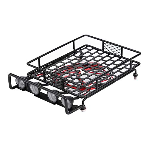 Large Size Roof Rack Luggage Carrier with LED Light Round, RC Roof Rack for Axial SCX10 1/10 Scale RC Crawler Car, Metal RC Roof Rack with 4 LED Lights, Remote Control Function, Du (White Light)