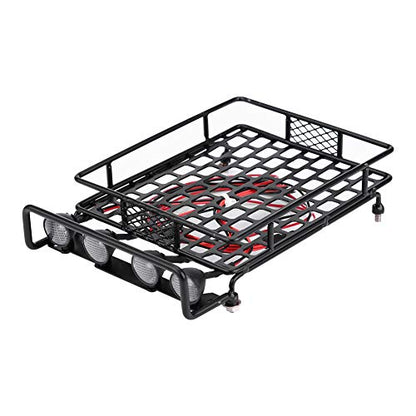 Large Size Roof Rack Luggage Carrier with LED Light Round, RC Roof Rack for Axial SCX10 1/10 Scale RC Crawler Car, Metal RC Roof Rack with 4 LED Lights, Remote Control Function, Du (White Light)