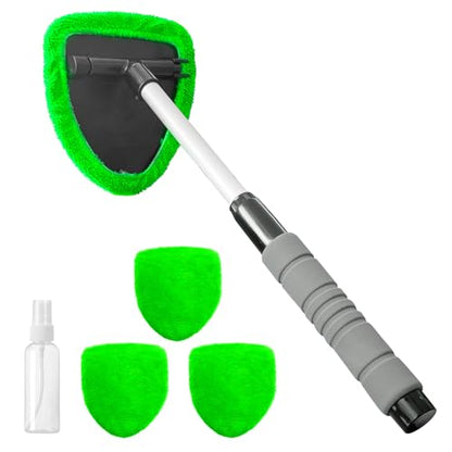 19" Extra-Long Windshield Cleaner Tool & Car Interior Detailing Kit | Extendable Handle and 4 Reusable Microfiber Pads, Streak & Lint-free, Auto Glass Wiper Brush for Car & Home - color: Green