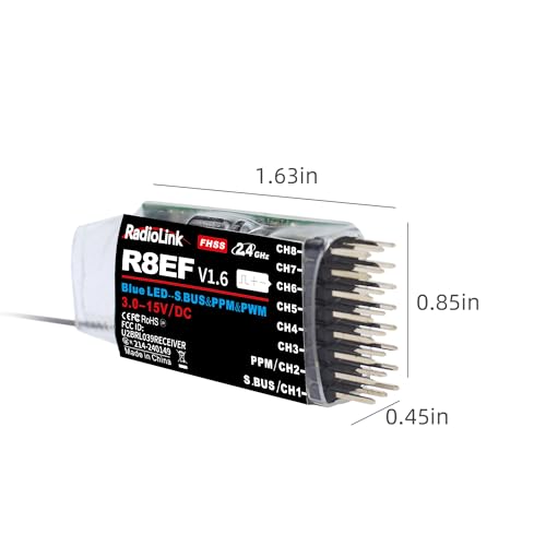 Radiolink R8EF 8 Channels 2.4GHz RC Receiver Long Range Control for T8FB | SBUS/PPM/PWM RX for RC Airplane Robots Car Bind with RC Transmitter T8FB/T8S/T12D/T16D/RC8X/RC8P/RC4GS V3/RC6GS V3