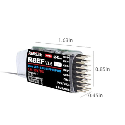 Radiolink R8EF 8 Channels 2.4GHz RC Receiver Long Range Control for T8FB | SBUS/PPM/PWM RX for RC Airplane Robots Car Bind with RC Transmitter T8FB/T8S/T12D/T16D/RC8X/RC8P/RC4GS V3/RC6GS V3