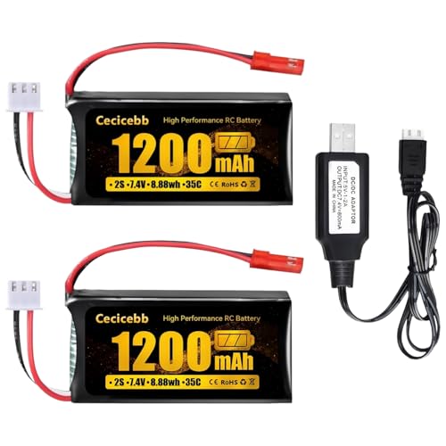 7.4V 1200mAh 2S Li-Po Battery Fit for WLtoys Rc Cars A949 A959 A969 A979 K929 and Most 1/10, 1/16, 1/18, 1/24 Scale Remote Control Cars 2 Pack RC Batteries with 7.4V USB Charger