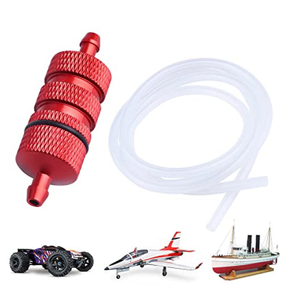 RC Oil Filter Nitro Fuel Filter with Silicone Tubing for 1/8 1/10 Traxxas Redcat HSP Team Associated Racing Cars Airplane Red-Anodized