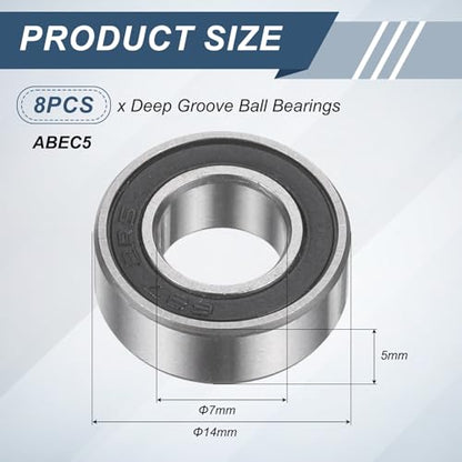 uxcell 8Pcs 687 2RS 7mmx14mmx5mm Deep Groove Ball Bearings, Double Rubber Shielded Bearing Steel ABEC5 High Performance for Industrial Machinery Precision Transmission, Black - size: 687 2RS 7mmx14mmx5mm
