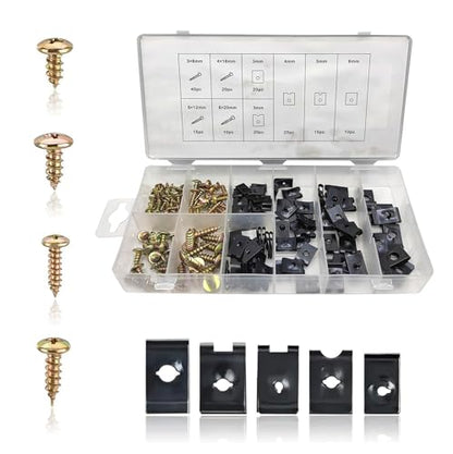 170PCS Car U-Clip and Screw Assortment Kit, 9 Different Sizes Auto U Nut Screw Clip, Car Body Screw Replacement Parts for Dash Door Panel Interior