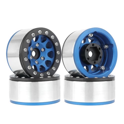 4PCS 1.55 Inch Aluminum Alloy Metal 10Holes Beadlock Wheel Rim Hubs Replacement Accessory for Tamiya AX90069 D90 TF2 CC01 CC02 1/10 RC Crawler Car Upgrade Parts (Black Blue) - color: Black Blue