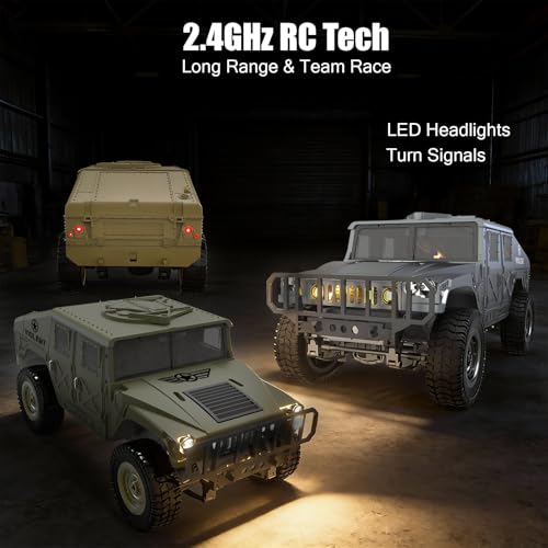 2.4GHz All Terrain RC Military Truck 4WD Remote Control Car Off Road Waterproof with Headlights, Turn Signal Lights and Rechargeable Batteries Vehicle Toy Gifts for Adults Kids Age 8+ (Black) - color: Black