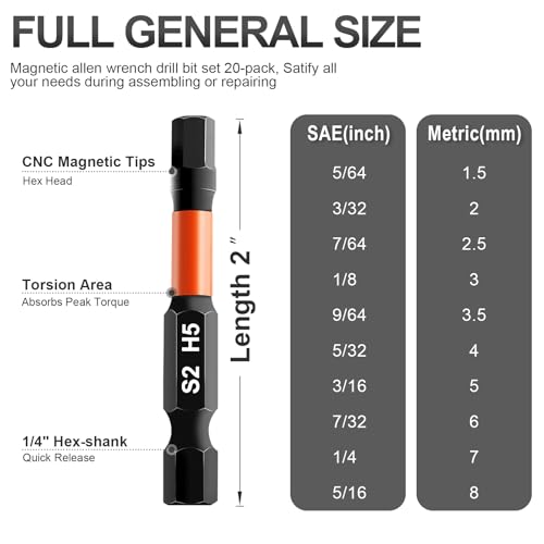20PCS Hex Bit Set, Impact Allen Wrench Drill Bit Set (Metric&SAE) | 1/4”Hex-Shank S2 Alloy Steel Key Drill Bit Set with Magnetism, CNC Machined Tips, 2" Long with Storage Box