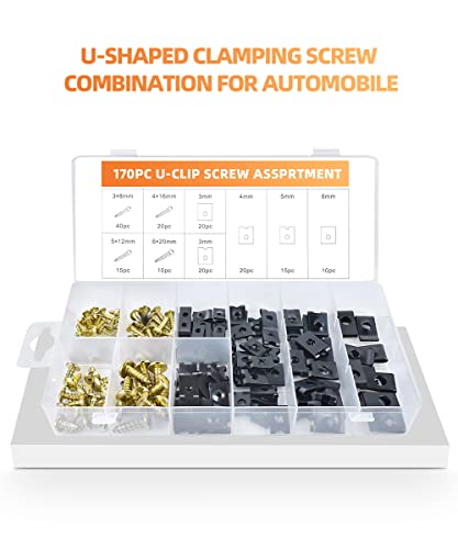 170PCS U-Clip Screw Kit,Car U Clip with Screw,Auto Car U Nuts with Self Tapping Screw Spire U Clips Car Fastener Clips Set,Car Interior Assortment Kit for for Dash Door Panel Interior Trim Panels