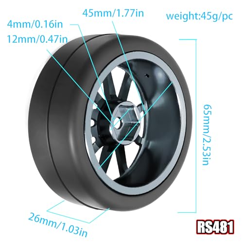 REDSPIDER 1/10 RC Drift Aluminum Wheels and Tires, OD 65mm Drift Racing Tires, 12mm Hex for 1:10 Rally Street On Road Touring Car (Titanium)