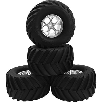 5.31''OD Rubber Tires & Wheel Rim 12mm Hex Hub Compatible with Traxxas Rustler HPI HSP Volcano Tamiya Exceed Himoto 1/10 Off-Road Monster Truck,135mmx73mm (Silver) - color: Silver