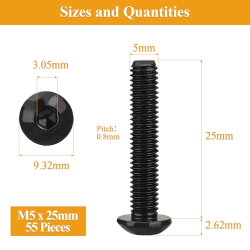 55 Pieces M5 x 25mm Button Head Socket Cap Screws, Thread Pitch 0.8mm, Sutemribor M5 Black Screws, 10.9 Grade Alloy Steel, Black Oxide Finish, Fully Threaded - size: M5 x 25mm, style: Button Head
