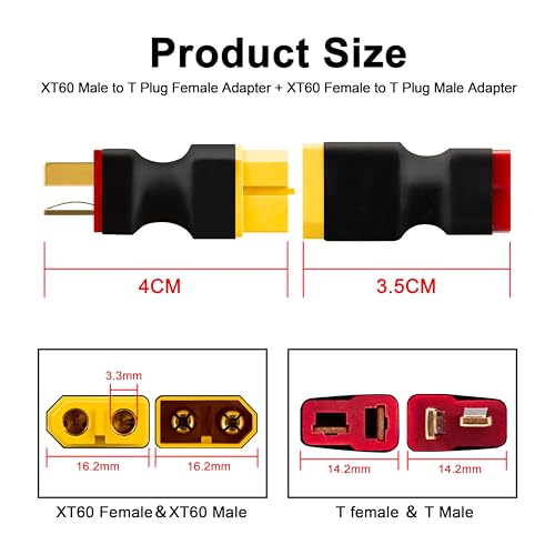 XT60 to T Plug Adapter, 4PCS (2 XT60 Female to T Male & 2 XT60 Male to T Female) High Conductivity Connector for FPV Drone, RC Car, LiPo Battery Charger, ESC