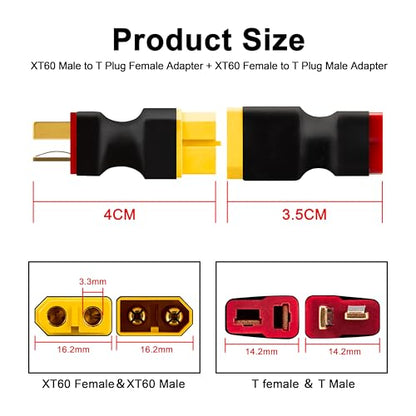 XT60 to T Plug Adapter, 4PCS (2 XT60 Female to T Male & 2 XT60 Male to T Female) High Conductivity Connector for FPV Drone, RC Car, LiPo Battery Charger, ESC