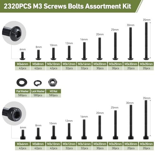 M3 Metric Screw Assortment, 2320PCS M3 x 6/8/10/12/16/20/25/30/35mm Hex Socket Button & Cap Head Screws Nuts Bolts Washer Assortment Kit 12.9 & 10.9 Grade Black Oxide for DIY, 3D Printer - size: M3 2320PCS Button&Socket Black
