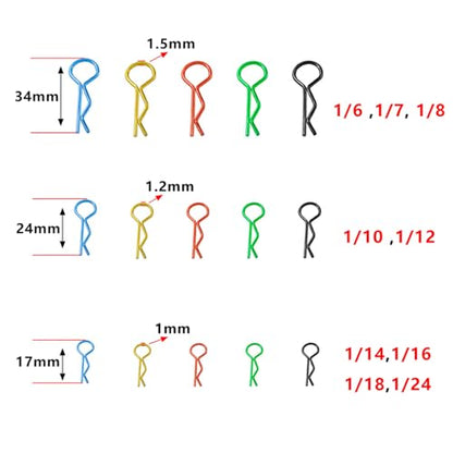 260pcs Universal RC Body Clips Stainless Steel Body Shell Clip R Pins 3 Sizes for All 1/6 1/8 1/10 1/12 1/14 1/18 1/24 Scale HPI Tamiya HSP Exceed RC Car Parts Truck Buggy Shell Replacement