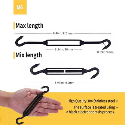 10 Pack Black 304 Stainless Steel M6 Hook and Hook Turnbuckle, Heavy Duty Wire Rope Tensioner, Adjustable Hardware Kit for DIY String Light Hanging, Shade Sail, Clothesline & Picture Hanging - color: Hook and Hook, size: M6-10 Pcs