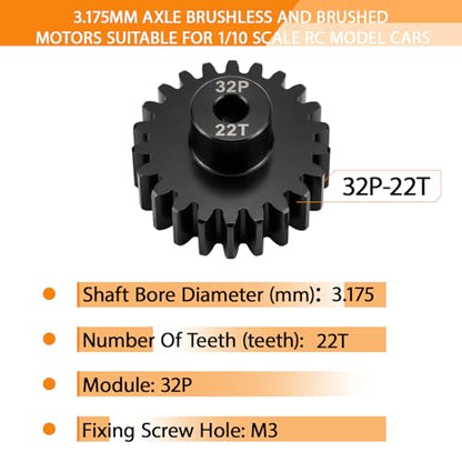32P 22T Pinion Gear 3.175mm Shaft, Hardened Steel Motor Gear for 1/10 Scale RC Car Truck Crawler Monster Buggy, High Speed Durable 32 Pitch Gear Upgrade Parts 540 550 Brushed 3650 3660 Brushless - color: 22T