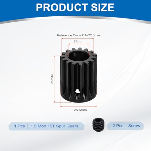 uxcell 1.5 Mod 15T Spur Gear 14mm Bore, 1045 Steel Pinion Gear Black Surface Treatment, 20°Pressure Angle, for Spur Rack and RC Model Car or Motor DIY - size: 1.5 Mod 15T, 14mm